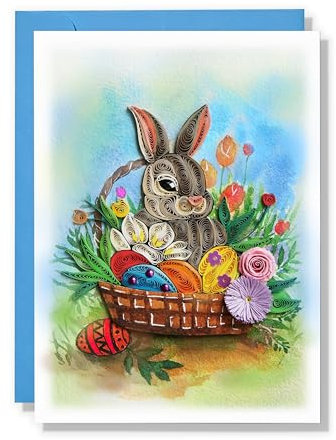 QUILLCRAFT Happy Easter Day Card, Cute Bunnies Eggs Flowers Card, Seasonal Holiday Quilling Card, Quilled Greeting Card for Kids Family, Friend, Husband, Wife with Envelope (Cute Bunny)