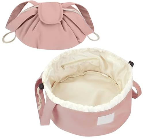 Drawstring Makeup Bag,GWAWG Lazy Flat Lay Makeup Bag Magic Cosmetic Pouch Bag Drawstring for Women Girl(Pink)