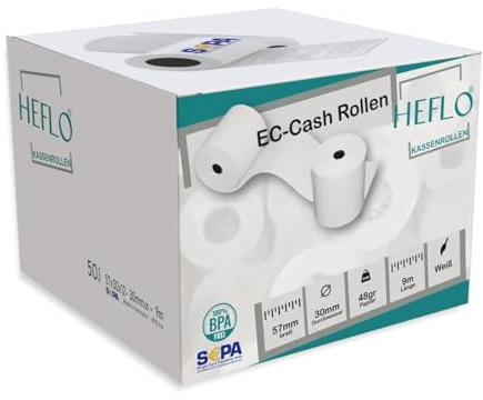 20 x EC Cash Rollen 57 mm x 30 mm x 12 mm, Ø 30 mm, 9 m lang, 48 g, SEPA Text, BPA frei, Bonrollen z. B. für SumUp, Verifone VX 880 und ICP WellPay Taxi. (20)