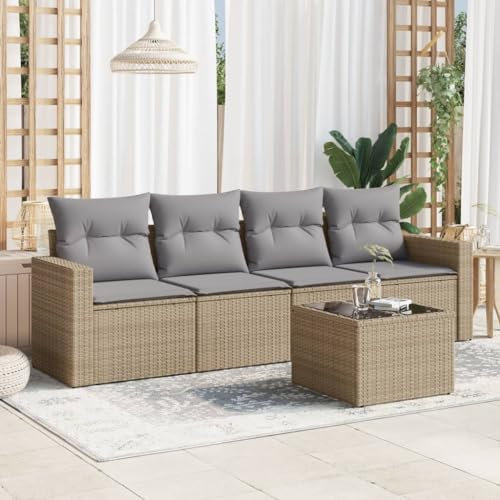 ULUYYUC 5-TLG. Garten-Sofagarnitur, Terrassenmöbel Gästebett Küchensofa Fußhocker Geeignet für Garten Hinterhof Balkon Außenbereich mit Kissen Beige Poly Rattan