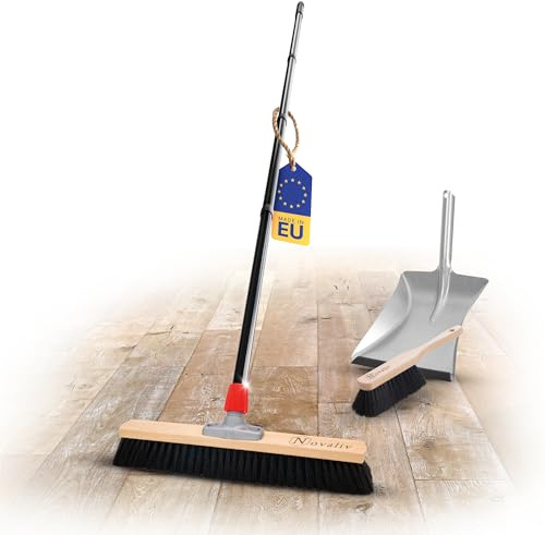 Novaliv Balai de salle de 50 cm avec manche, poils synthétiques, kit de balayage galvanisé avec lèvre en caoutchouc composé d'une pelle et d'une balayette à main - Idéal comme balai d'atelier - Balai
