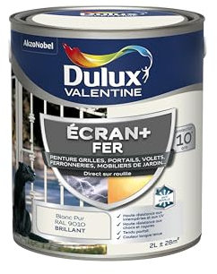 Dulux Valentine Peinture Ecran+ Fer Intérieur/Extérieur - Haute résistance aux intempéries, aux UV, chocs et rayures - Blanc Pur 2 L