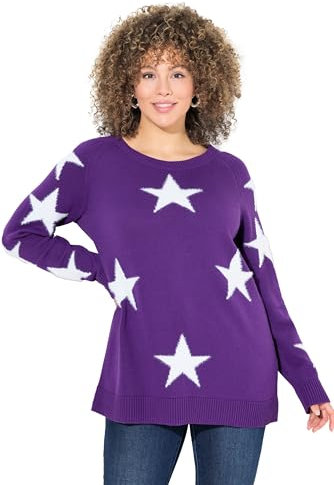 Ulla Popken Pullover, Glitzersterne, Rundhals, Raglan-Langarm Pull-Over, Violet foncé, 56/58 FR Femme
