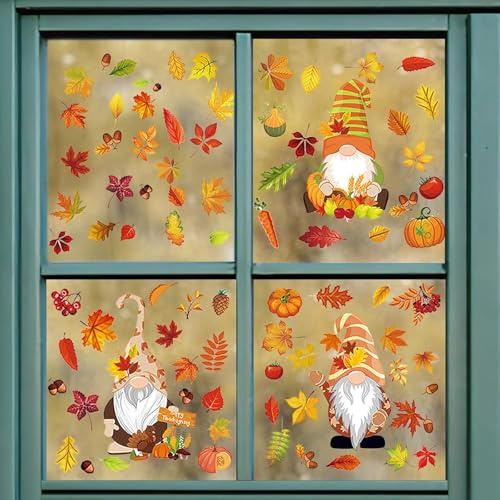 LMSHOWOWO 92PCS Fensterbilder Herbst Selbstklebend, Erntedankfest Fensteraufkleber, Thanksgiving Herbstdeko Fenster Aufkleber Ahornblatt Gnome Kürbis Herbst Deko Aufkleber, für Fenster Kinderzimmer
