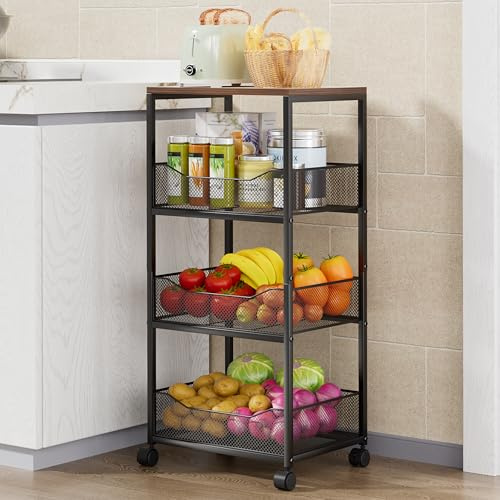 HapiRm Fruit Basket Kitchen Cart - 4-Tier Rolling Storage Cart with Wheels, Fruit Vegetable Basket with Wood Top, Pantry Utility Kitchen Organizer for Fruit Potato Onion Vegetable Bread Snack