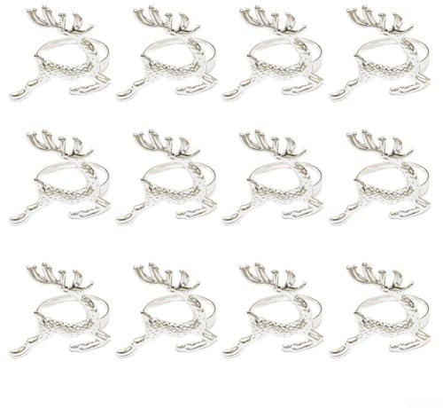HEIBTENY Metall 3D Elch Serviettenringe 12er-Set für Weihnachten, Feiertage, Winterhochzeiten, Rentier Serviettenringe in Gold/Silber/Roségold Farbe(Silver)