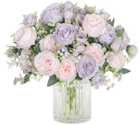 SOMYTING Peony Artificial Flowers, Faux Peony Bouquet 4 Bundles Silk Peonies Bouquets Fake Peonies Artificial Flowers Peonies Bouquet for Wedding Party Centerpiece Table Home Decor (Pink Purple)