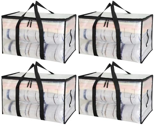 Zhufas 4 Piezas Bolsas Almacenaje Ropa de 90 L con Tapa Caja de mudanza Transparente Almacenamiento de Ropa Grande Bolsa de Mudanza con Asa para Guardar y organizar