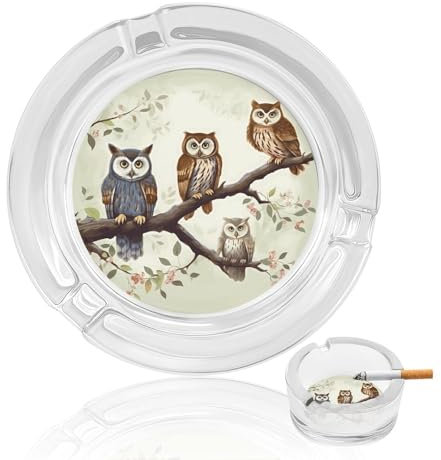 Aschenbecher aus Kristallglas, Eulen auf einem Zweig, bedruckter Aschenbecher, rund, transparent, für Zuhause, Büro, Schreibtisch, Tischdekoration, Zigarettenaschenbecher