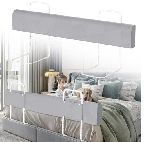 Cecaylie Bettgitter für Kinder, Bettschutzgitter, Babybettzaun, Weich Perlbaumwolle, Rausfallschutz Bett Bettgitter Höhenverstellbar, mit 1*Austauschbarer Stoffbezug (Grau, 150cm-Verformbar)