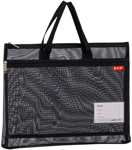 Dokumentväska, nätficka med dubbel dragkedja, 44 x 32 cm, A3 dragkedjeväska, nätväska, resväska av nättyg med handtag, stora etiketter, elev, kontor, leveranser svart