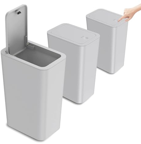 Kongming Mülleimer Bad 3 stück Mülleimer Küche Schmal, Badmülleimer 10L Abfalleimer mit Deckel Geruchsdicht für Küchen, Badezimmer, Büro, Wohnzimmer, Schlafzimmer, WC (Mülleimer Grau)