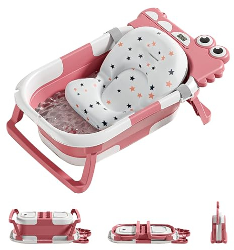 UBRAVOO Faltbar Baby Badewanne Mit Rutschfestem Badekissen - Babywanne Mit Baby Badewannensitz & Badethermometer - Von Der Geburt Bis 3 Jahre - Geburtsgeschenke Für Mädchen & Jun (ROSA)