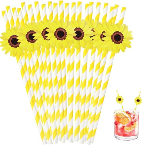 60 Pcs Sunflower Paper Straws Disposable Cocktail Straw for Drinks Striped Straw for Milkshakes Beverage Booth Supplies Decorations