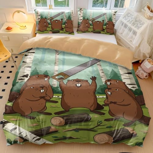 Parure de lit en microfibre avec housse de couette pour enfants Motif castor amusant (2, King + 50 x 75 cm x 2)