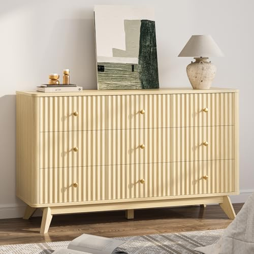 Curlaky Fluted 9 Drawer Dresser for Bedroom - 52.8 Modern Chests of Drawer for Storage, Curved Corner Design, Large Dressers for Closet, Wood Dresser Organizer for Bedroom, Living Room, Hallway