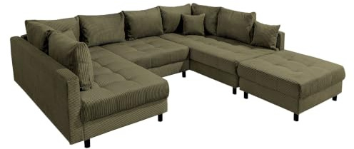 XXL Wohnlandschaft KENT - 305cm - grün - Cord - Federkern inklusive Hocker | 11 Kissen inklusive, als Schlafsofa nutzbar, Rundum-Bezug, pflegeleicht