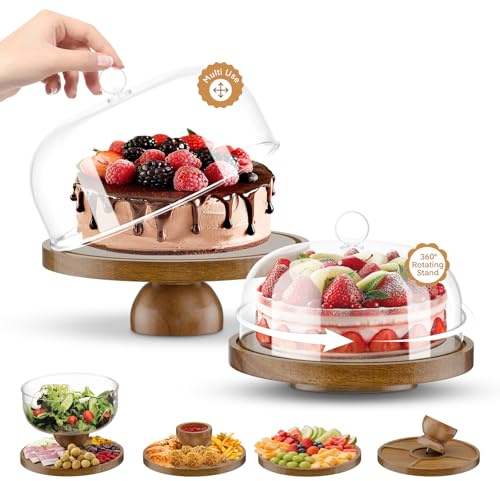 Lmaqfum 2 Piece Cake Stand with Lids, 12in Wood Cake Holder with Cover, 10in Rotating Cake Plate with Acrylic Cake Dome for Cakes, Pastries, Cheese, Charcuterie