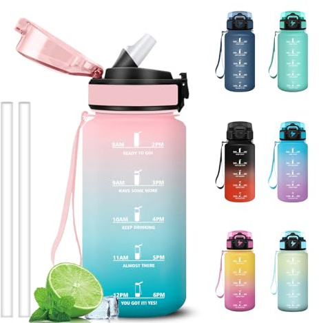Grsta Trinkflasche 500ml, Wasserflasche mit Strohhalm, Trinkflasche Kinder mit Sichere Verriegelung, Auslaufsichere Flasche mit Zeitmarkierung und Schnürung für Büro, Fahrrad, Gym