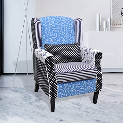 Qnhdfrt Landhaus Sessel mit Patchwork-Design Blau Weiß Holzgestell Gepolsterter Loungesessel für Wohnzimmer Schlafzimmer und Lounge-Bereich