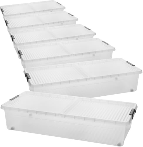 SUSTANIA Lot de 6 boîtes de rangement transparentes en plastique avec couvercles de fermeture - Commode plate sous le lit pour un rangement peu encombrant