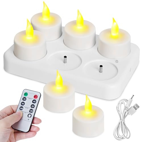 Lot de 6 Bougie LED Rechargeable, Bougie LED Flamme Vacillante avec Station de Charge et Télécommande et Minuterie, Décoration pour Noël Halloween Anniversaire Mariage Table Restaurant Hôtel Chambre