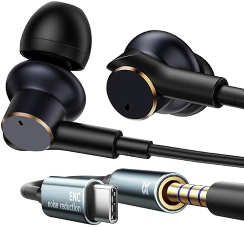 Trådbundna hörlurar uppslukande bas brusreducerande samtal, fyra enheter in-ear hörlurar trådbundna öronsnäckor med mikrofon brusreducerande, subwoofer och klar DAC-avkodat ljud universell USB C 3,5