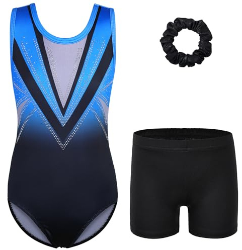 ZNYUNE Mädchen Turnanzug mit Hose Haarband Set Gymnastikanzug Kinder Shorts Trikot Turnen Ärmellos/Langarm Kleidung klassisch Turnbody