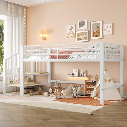 boorbin Halbhohes Hochbett 90x200 cm mit Stauraumtreppe, Kinderbett mit Integriertem Stauraum, Metall-Loft-Bett für Jungen & Mädchen, inkl. Lattenrost, Leichte Montage, Platzsparend (Weiß)