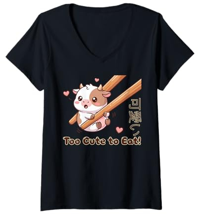 Mujer Lindo palillo Kawaii bebé Vaca Demasiado Lindo para Comer Meme Camiseta Cuello V