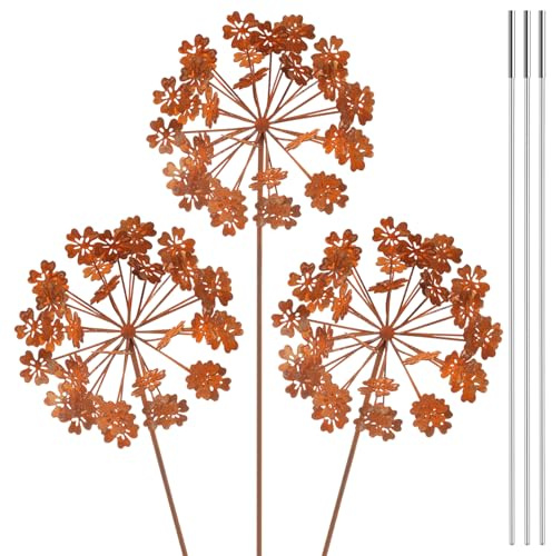 AULSAM 3 Stück Gartenstecker Pusteblume,Osterdeko,Vintage-Stil, Metallblume, Gartendekoration, Außendekoration für Blumentopf, Rasen, Terrasse, Terrasse(rostig-3-Stil 2)