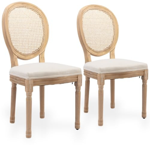 SEEDWAVE Esszimmerstühle 2er Set im französischen Landhausstil | mit Leinenpolsterung und Rattan-Rückenlehne, Massivholz-Gestell aus Gummibaumholz, Vintage Stühle für Esszimmer Wohnzimmer