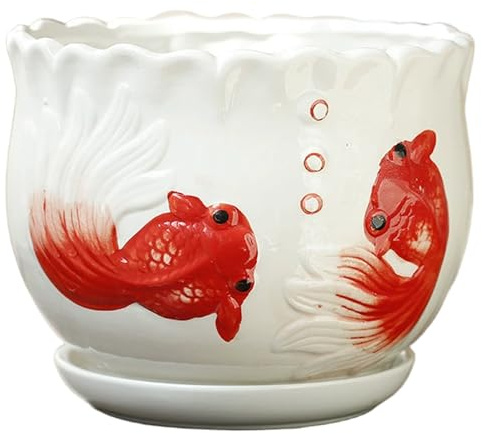 CAKEEYUM Maceta de cerámica de 5.3 Pulgadas con Estampado de Peces vívidos, con Drenaje y platillo, Maceta Llena de Vida para Interiores y Exteriores, de cerámica, macetas para Plantas, macetas, co