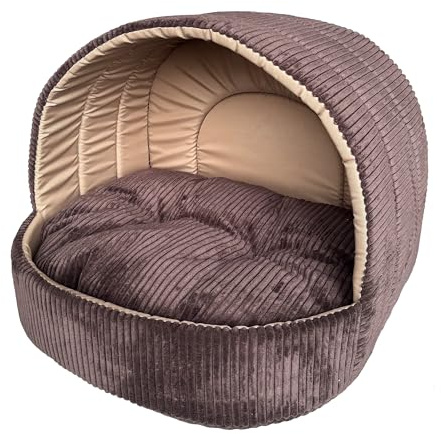 Extrasen Hundehöhle und Katzenhöhle 50 x 46 cm - Weiches Hundebett und Katzenbett mit Cord-Struktur - Kuscheliger Rückzugsort für kleine Hunde, Welpen und Katzen - Braun