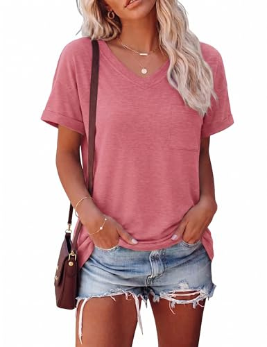 Aottori Tee Shirt Femme Col V Ample Léger Tendance Rouge L