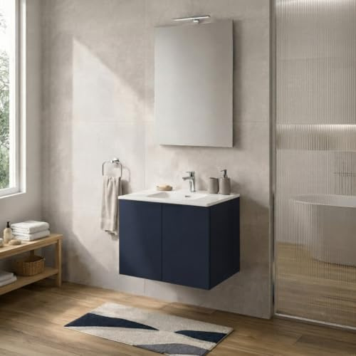 Mobile Bagno Sospeso 60 cm Blu – Mobiletto Lavabo Moderno a Due Ante Push and Pull – Mobile Già Montato con Lavandino ad Incasso Linea Tierra