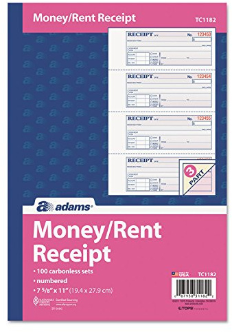 Adams TC1182 Tape Bound Money/Rent Receipt Book - 100 Sheet(s) - Tape Bound - 3 Part - Carbonless - 2.75amp;quot; x 7.62amp;quot; Form Size - Assorted - 1Each