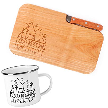 Herz & Heim® Frühstück Set für Camper mit Schneidebrettchen inklusive Messer und Emailletasse - perfekt für ein Outdoor Frühstück