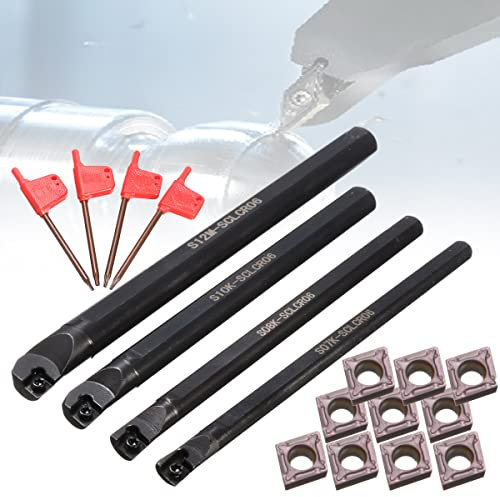 VeYocilk Lathe Boring Bar Set,4PCS CNC Turning Tools Holder Set S07K/S08K/S10K/S12M-SCLCR06 with 10pcs CCMT060204 Carbide Inserts + 4 Pcs Wrenches
