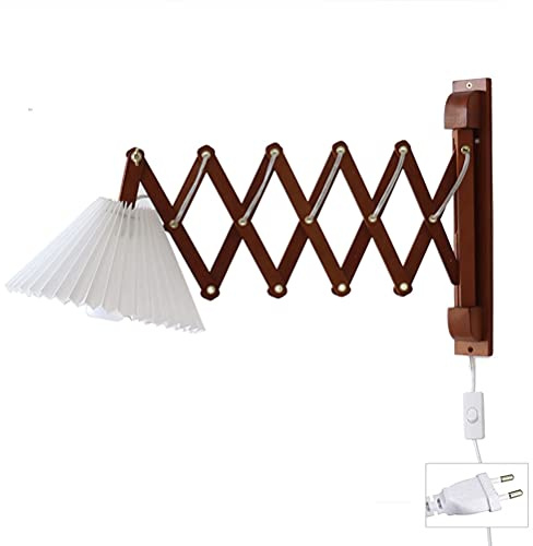 Holz Scherenlampe Flexible Wandlampe mit Schalter Leselampe mit Kabel Stecker Ausziehbare Wandleuchte Verstellbar Scherenarm Ziehharmonikalampe Nachttischlampe Weiß Stoff Schirm Wandleuchtung E27