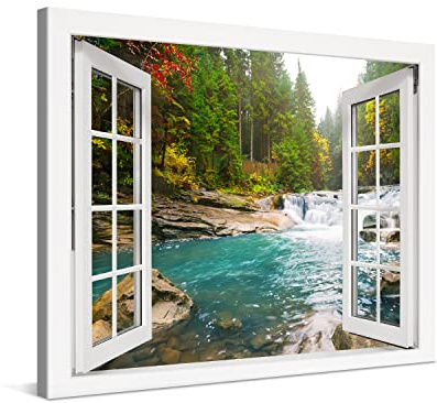 PICANOVA – Bosque Río Cascada Ventana 80x60cm – Cuadro sobre Lienzo – Imagen Impresión Montado sobre Marco De Madera – Cuadro Decoración Moderno para Salón o Dormitorio – Colección Bosque
