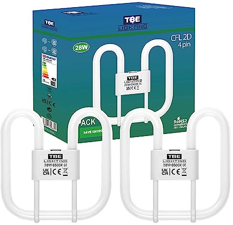 TBE LIGHTING 28 W 2D 4 pin CFL lampade a risparmio energetico – Lampadine fluorescenti DD – attacco base GR10q a 4 pin – lampada a lunga durata, luce diurna bianca 6500 K (confezione da 2)