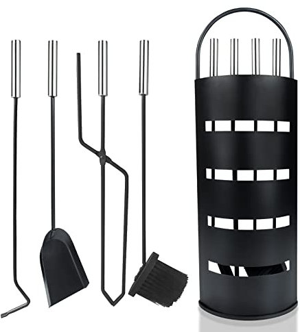 TRMLBE Set di 5 Attrezzi per Camino Moderno Accessori da Camino in Acciaio Inossidabile con Supporto, Pala per Cenere, Scopa, Attizzatoio, Pinze - Argento