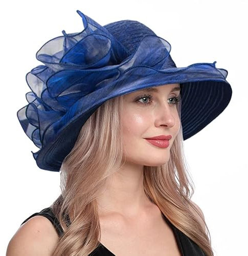 Vintage Organza-Hut für Damen, Sommer-Sonnenhut, modische Glocke, Bowler-Fascinator, Marineblau, Medium