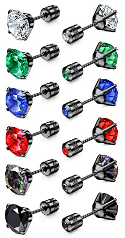 FIBO STEEL 6 Pairs Titanium Screw Back Earrings for Men Women Surgical Stainless Steel Stud Earrings Hypoallergenic Multicolor Double Side Earrings Piercing Sleeper Studs Jewelry 6mm Round CZ