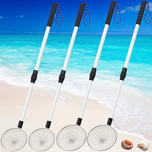 Roshtia 4 Pcs 18.5~30 Inch Beach Sand Sifter, Adjustable Shark Tooth Sifter, Mesh Shovel Shell Scooper with Retractable Handle for Family Seashell Collecting Picking up Grooming Beachcomb Rock Hunting