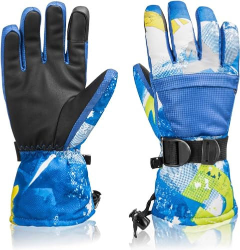 WoKuAng Guantes de Esquí Impermeables para Invierno, Guantes Cálidos para Clima Frío, Pantalla Táctil, Guantes de Nieve para Hombres, Mujeres, Niños, Esquí, Snowboard (Azul, Small)