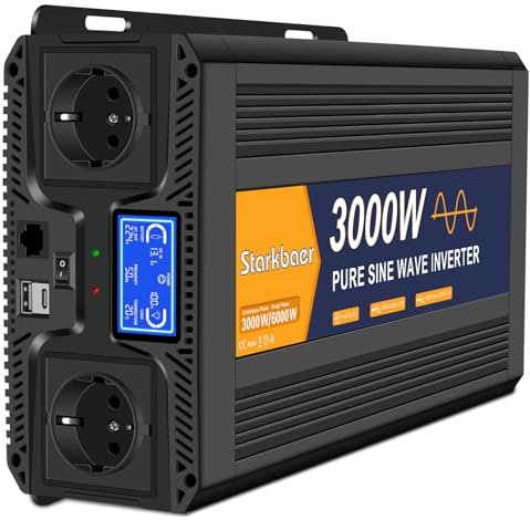 Inversor Starkbaer de 3000 W/6000 W, convertidor de Voltaje de Onda sinusoidal Pura de 12 V a 230 V, para Coche, con Pantalla LCD, Control Remoto, 2 enchufes de CA de la UE