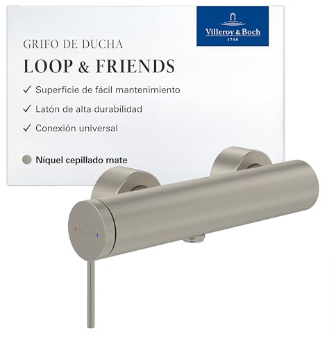 Villeroy & Boch Loop & Friends Duscharmatur, Mischbatterie Dusche mit Keramikkartusche, Anti-Rückfluss, Einhebelmischer Dusche für Aufputz Montage, rund – Brushed Nickel Matt