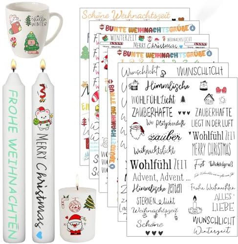 6 Stück Weihnachten Kerzentatoo,Kerzenfolie,Wasserschiebefolie Kerzen,Kerzentattoos Weihnachten,Wasserschiebefolie Tatoofolie Kerzenaufkleber Sticker,DIY Kerzensticker.